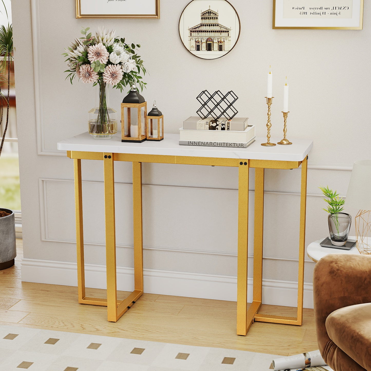 42 Inches Modern Faux Marble Entryway Table with Geometric Metal Frame, White Console Tables at Gallery Canada