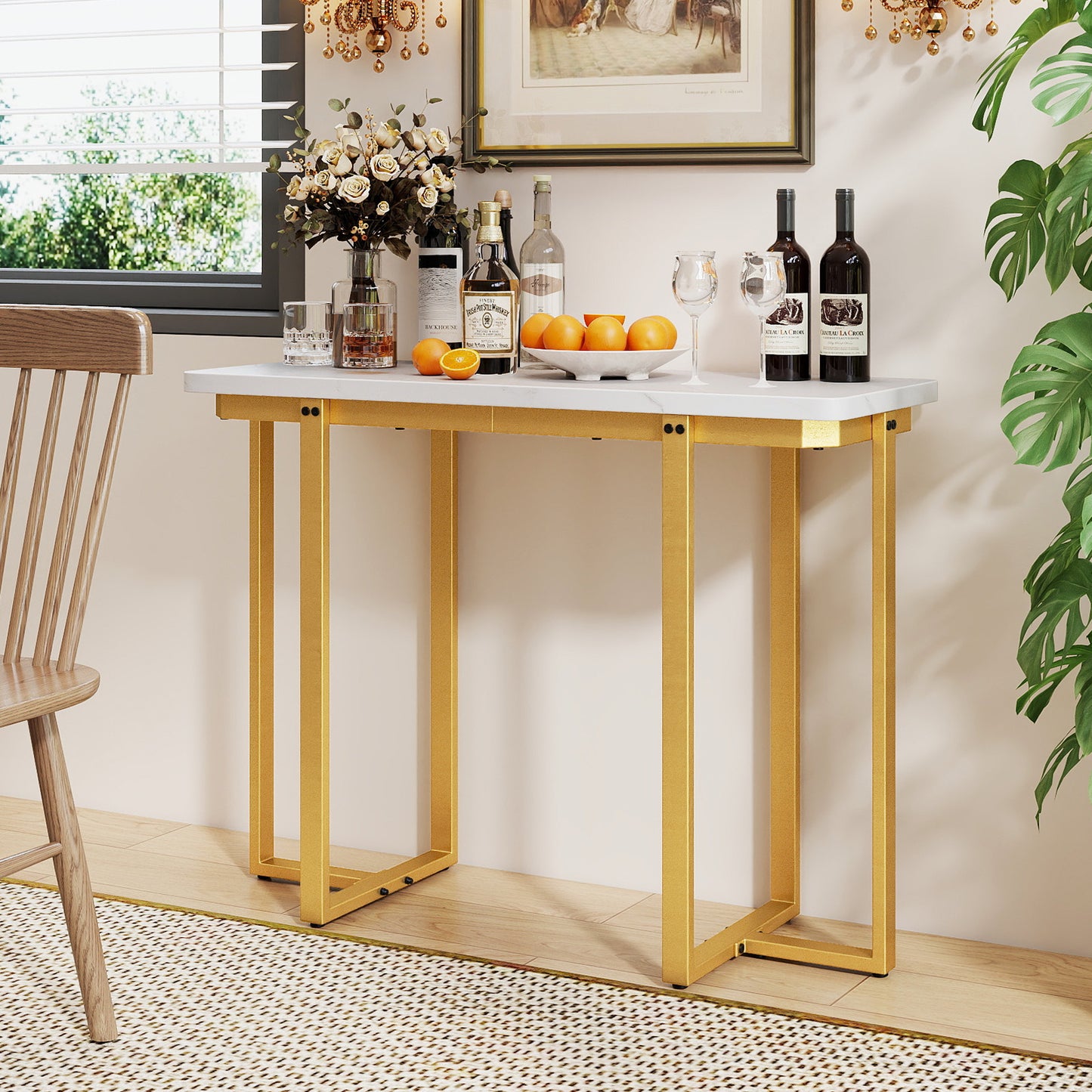 42 Inches Modern Faux Marble Entryway Table with Geometric Metal Frame, White Console Tables at Gallery Canada