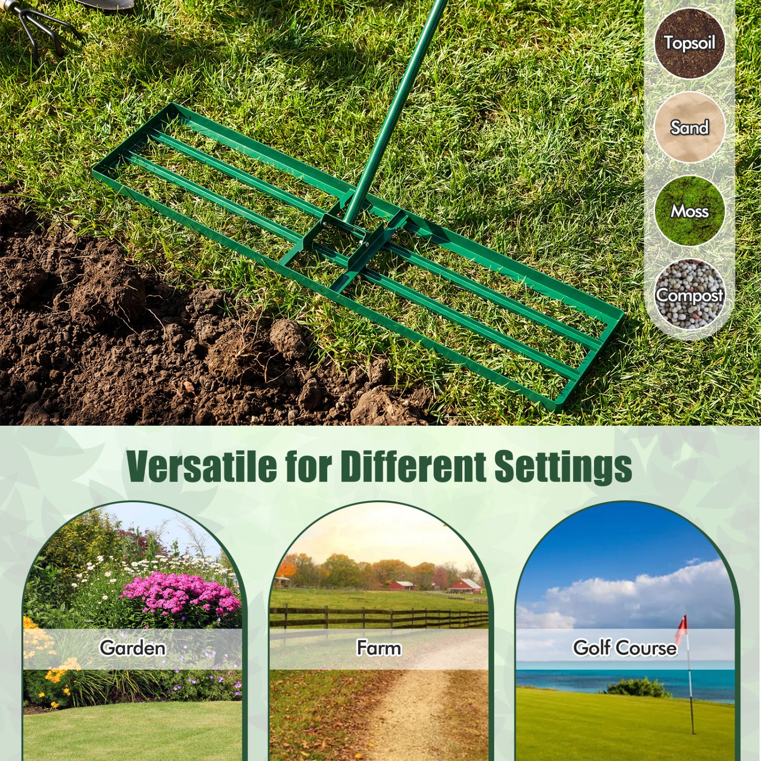 42 x 10 Inch Lawn Leveling Rake, Ergonomic Handle, Green Garden Tools at Gallery Canada