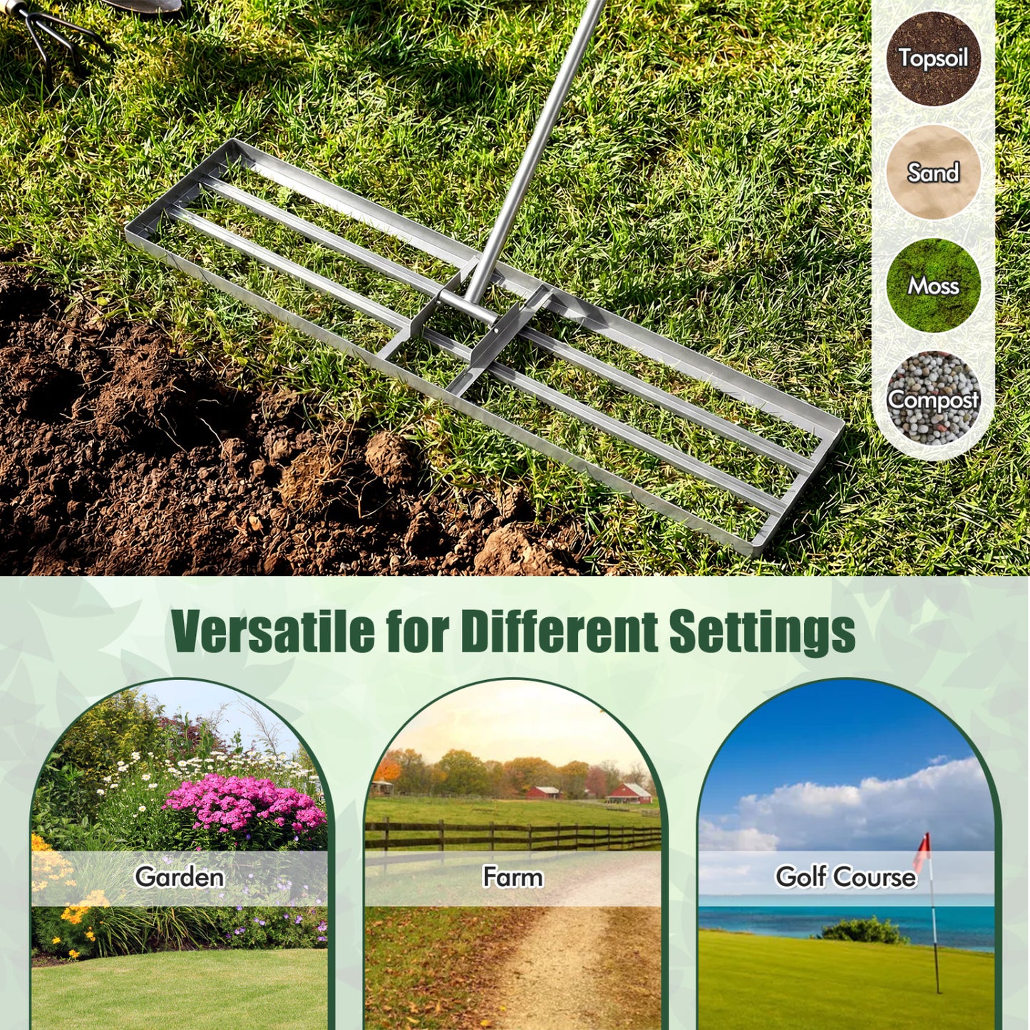 42 x 10 Inch Lawn Leveling Rake, Ergonomic Handle, Silver Lawn Care Tools at Gallery Canada