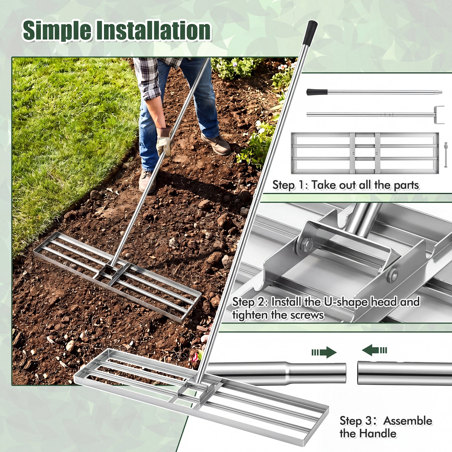 42 x 10 Inch Lawn Leveling Rake, Ergonomic Handle, Silver Lawn Care Tools at Gallery Canada