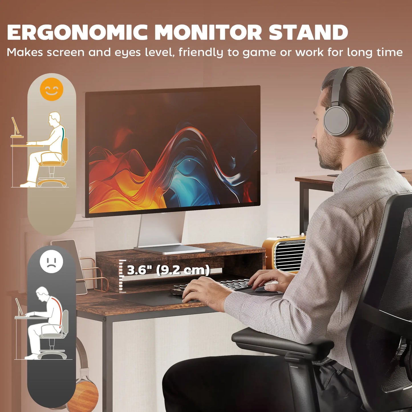 96 Inch Gaming Desk, Dual Computer Desk, Rustic Brown, Brown