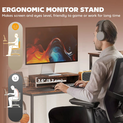 96 Inch Gaming Desk, Dual Computer Desk, Rustic Brown, Brown