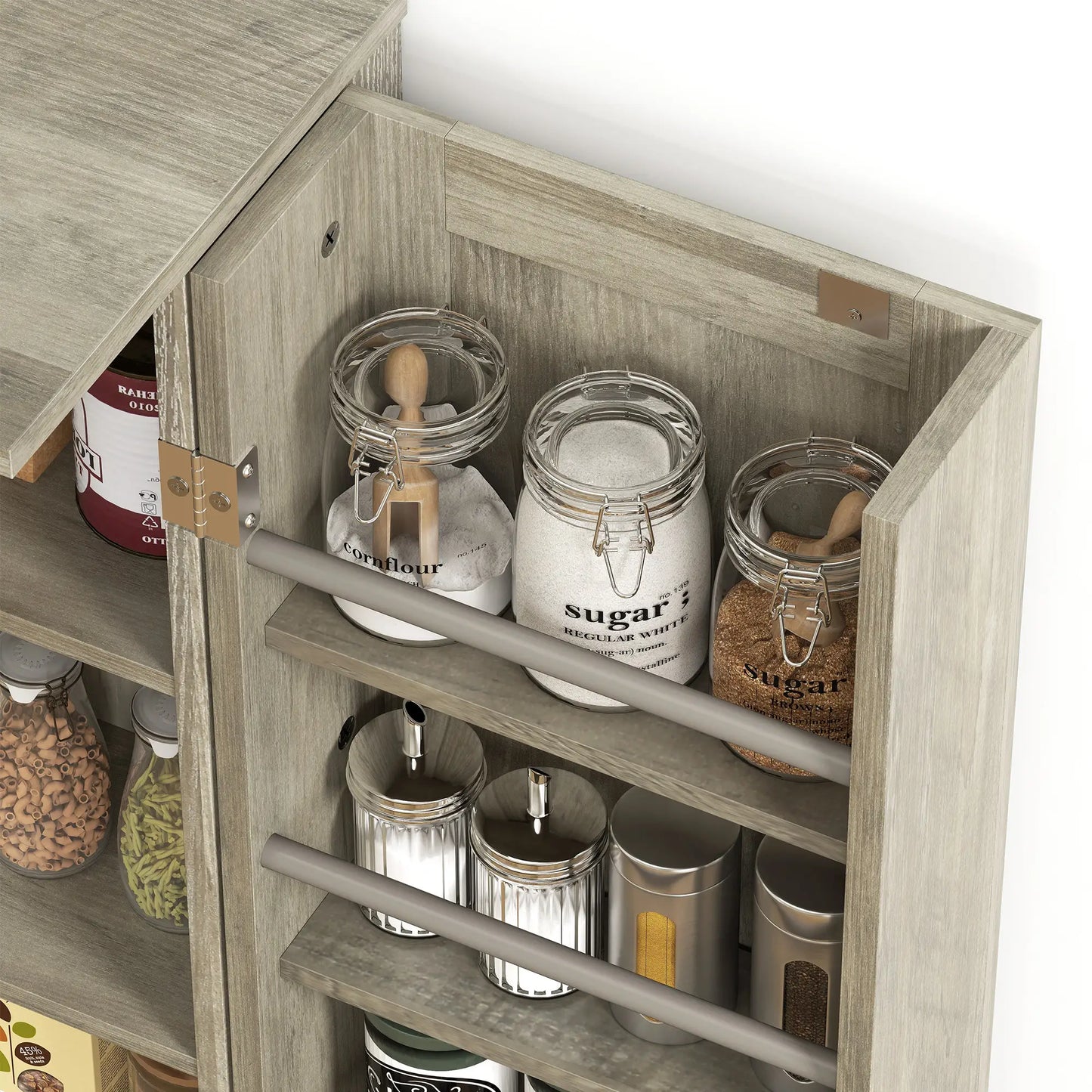 50" Pantry Storage Cabinet, Farmhouse Style, Adjustable Shelves, Distressed Grey, Grey Kitchen Pantry Cabinets at Gallery Canada