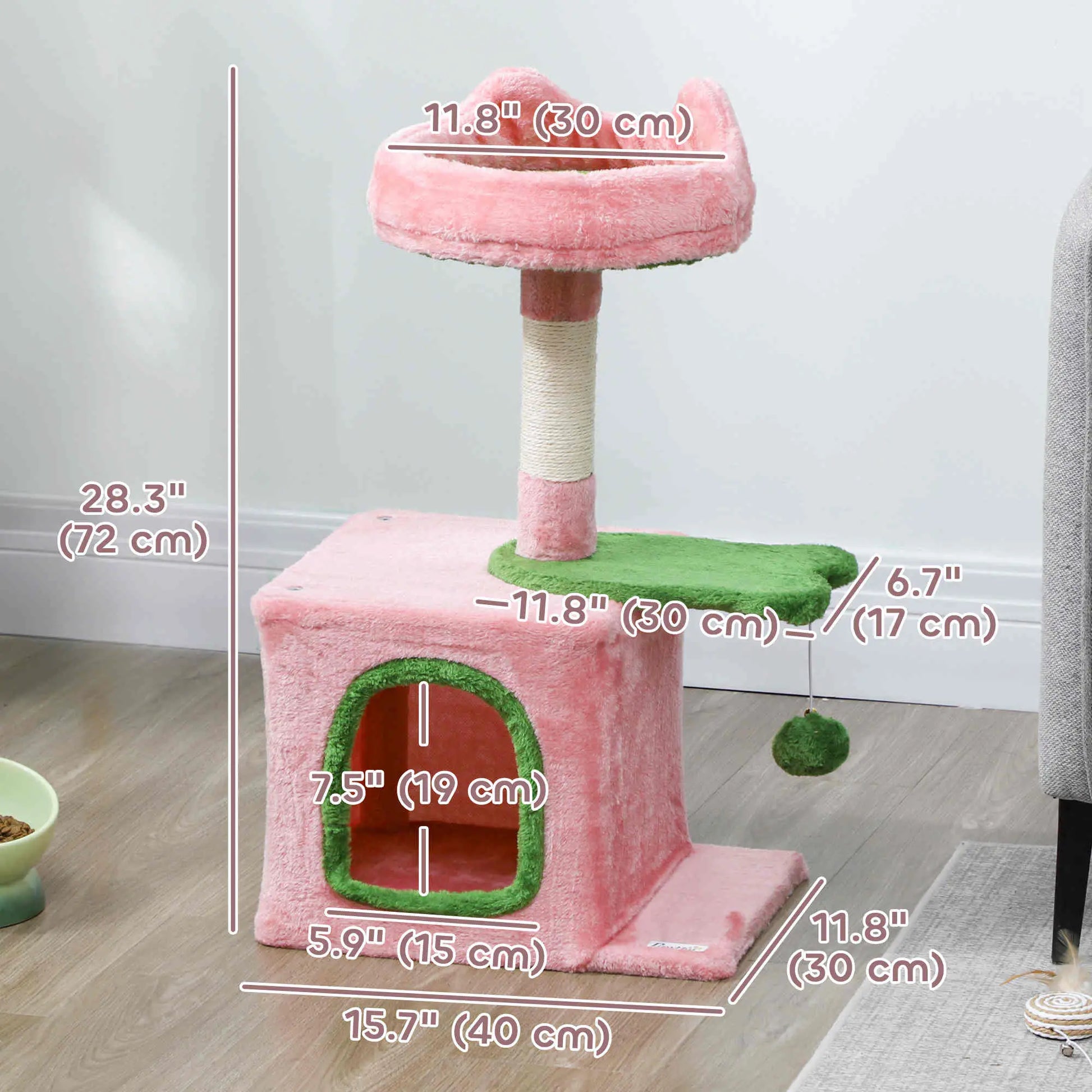 28 Inch Cat Tree Tower with Plush Bed, Condo, Scratching Post, Pink & Green Cat Posts at Gallery Canada