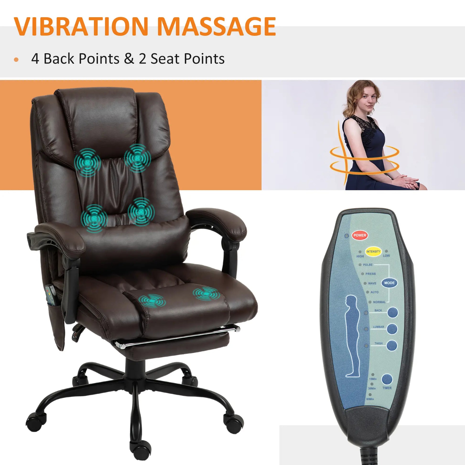 6-Point Vibration Massage Chair, Height Adjustable, Reclining, Brown Executive & Manager Chairs at Gallery Canada