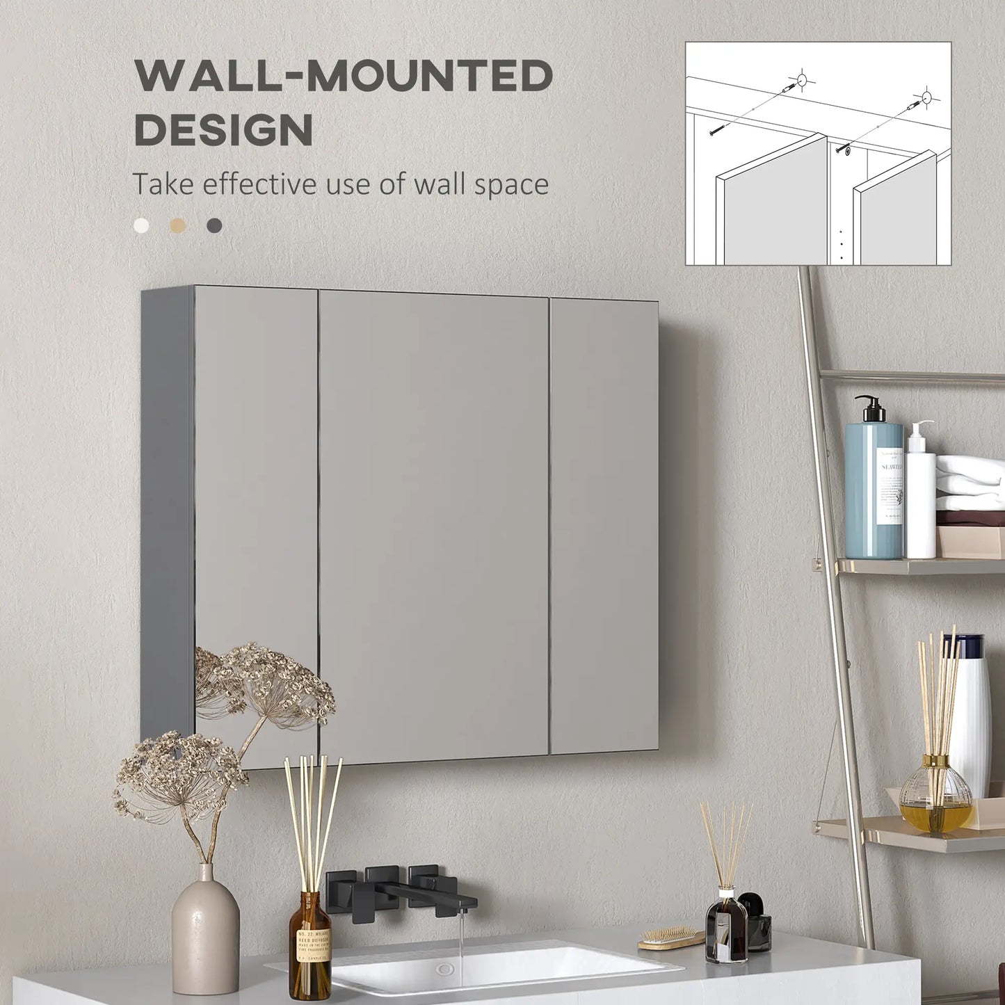 28" x 24" Wall Mounted Mirror Cabinet, 3 Doors, Adjustable Shelves, Grey Mirror Medicine Cabinets at Gallery Canada