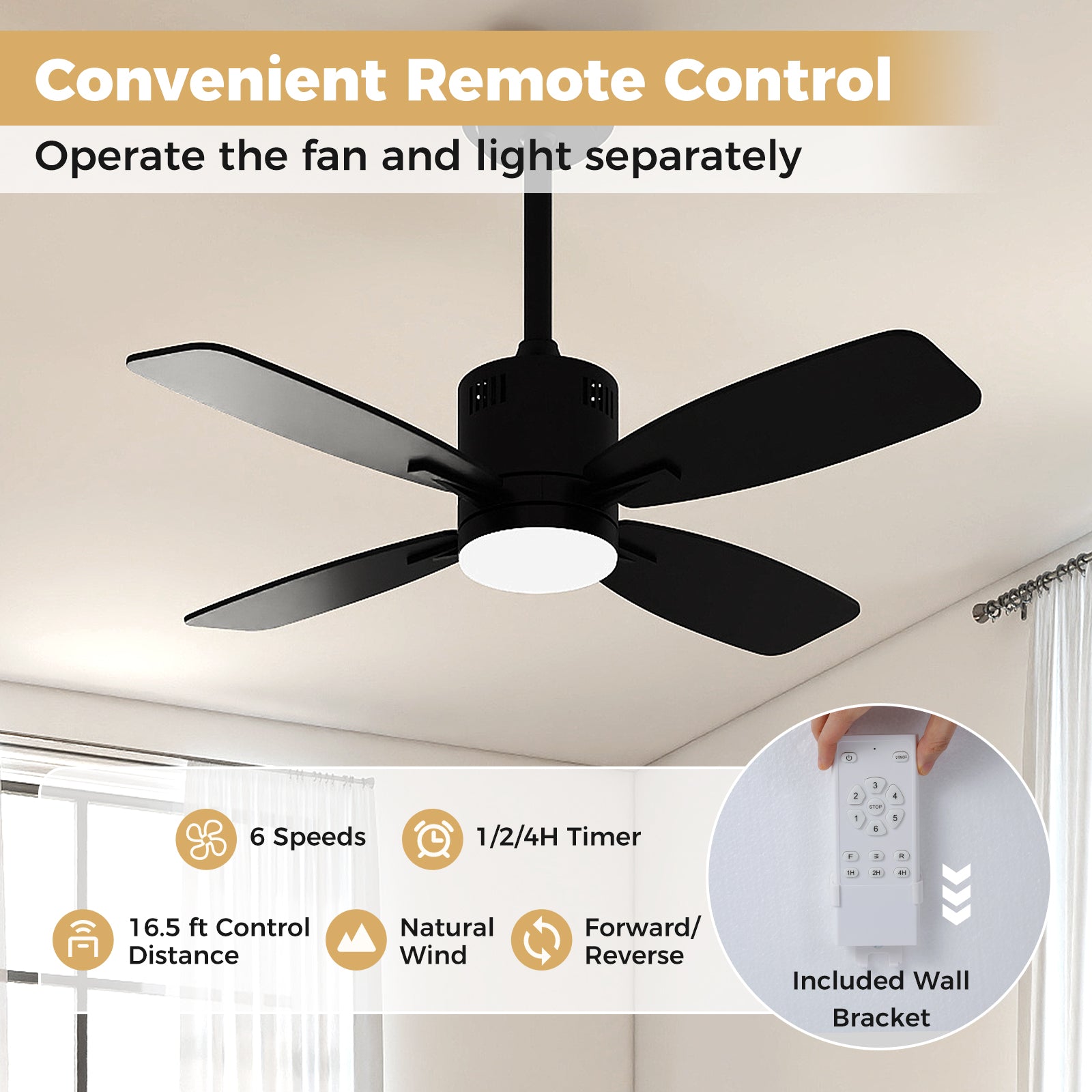 42inch Ceiling Fan with Light and Remote 3CCT LED with Memory 4H Timer 6 Speeds, Black Ceiling Fans at Gallery Canada