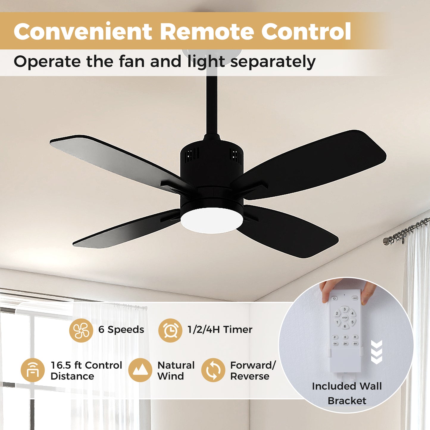 42inch Ceiling Fan with Light and Remote 3CCT LED with Memory 4H Timer 6 Speeds, Black Ceiling Fans at Gallery Canada