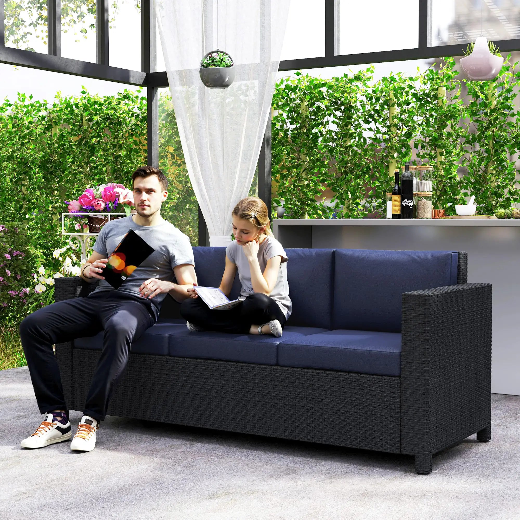 3 Seat Rattan Wicker Sofa, Outdoor Patio Furniture, Navy Blue Patio Furniture Sets at Gallery Canada