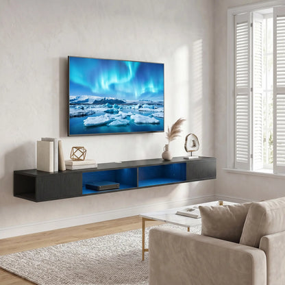TV Stand with RGB LED Lights, Entertainment Center with Open Shelves for 75 Inch TV, Black Wood Grain