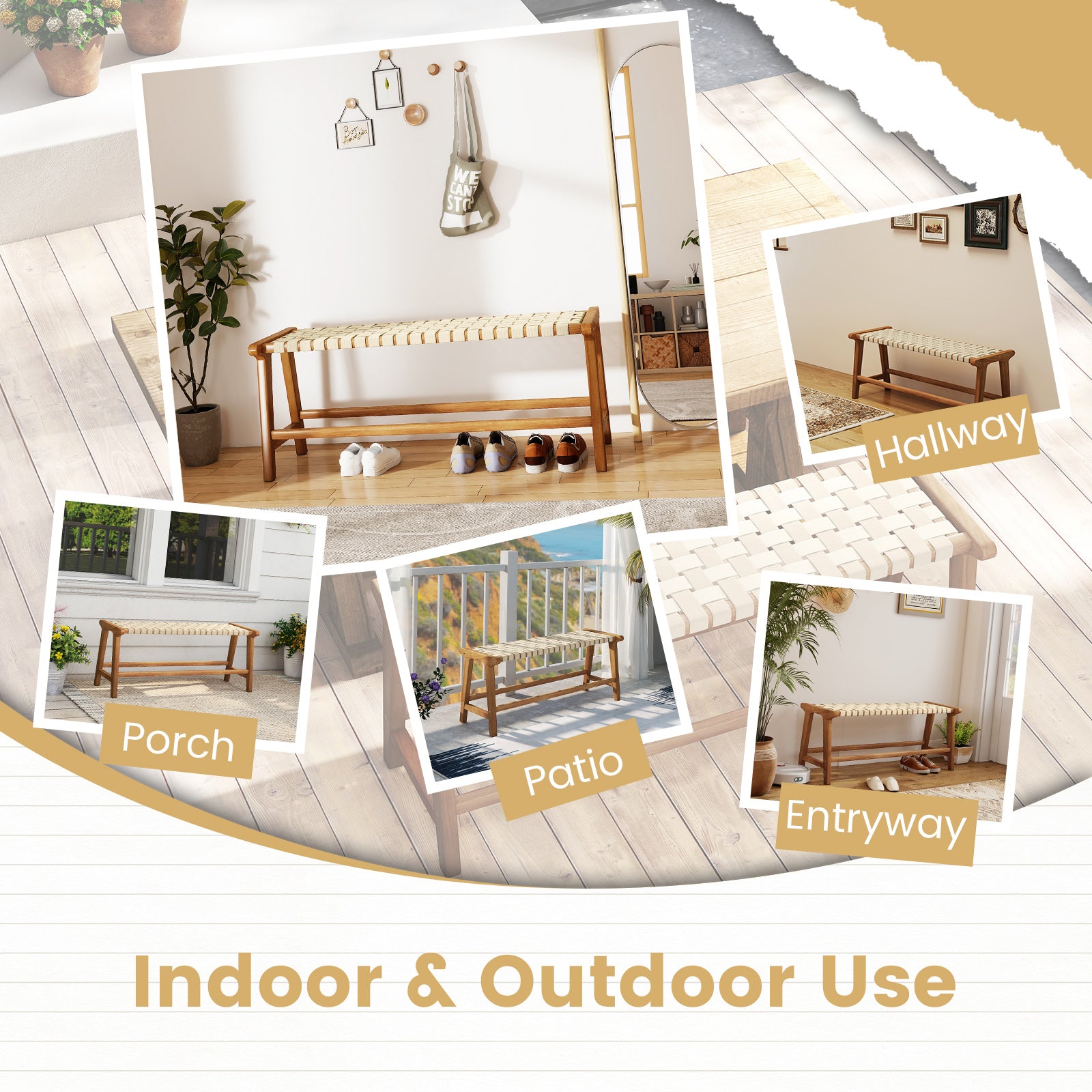 47 Inches Long Teak Wood Patio Bench with Weave Seat and Solid Wood Legs, Natural Dining Chairs at Gallery Canada