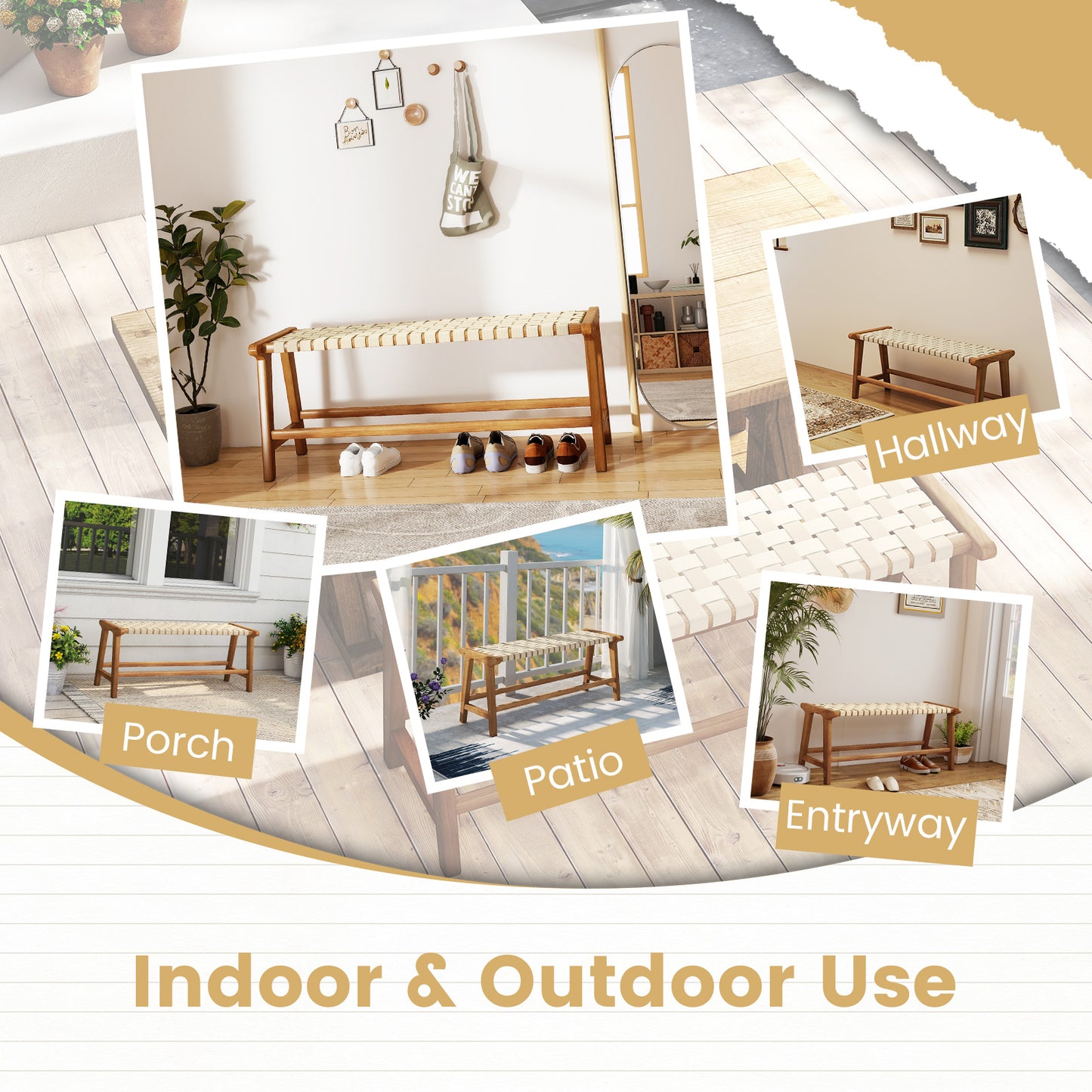 47 Inches Long Teak Wood Patio Bench with Weave Seat and Solid Wood Legs, Natural Dining Chairs at Gallery Canada