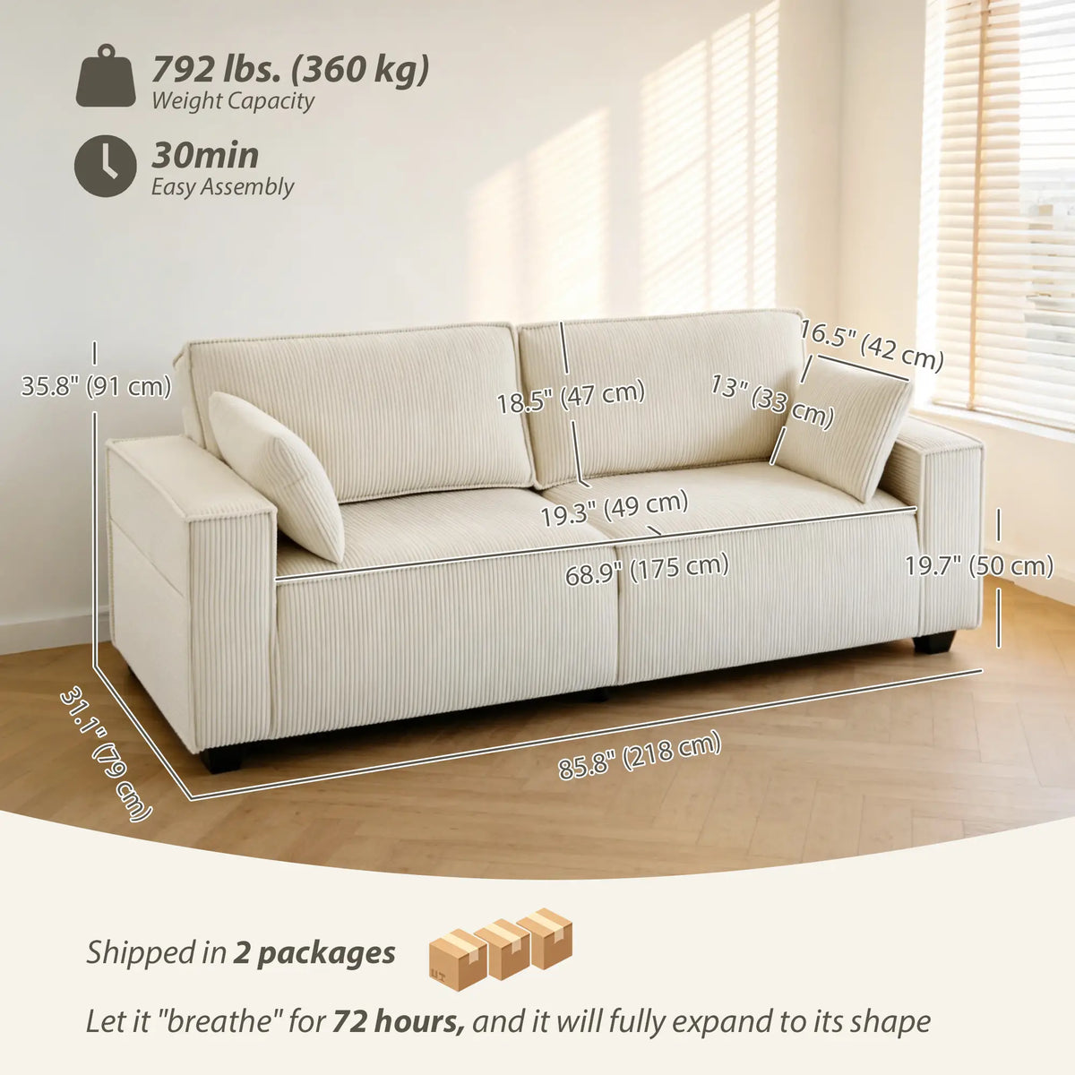 86" 3 Seater Sofa, Modern Corduroy Upholstered Couch, Beige 3-Seater Sofas at Gallery Canada