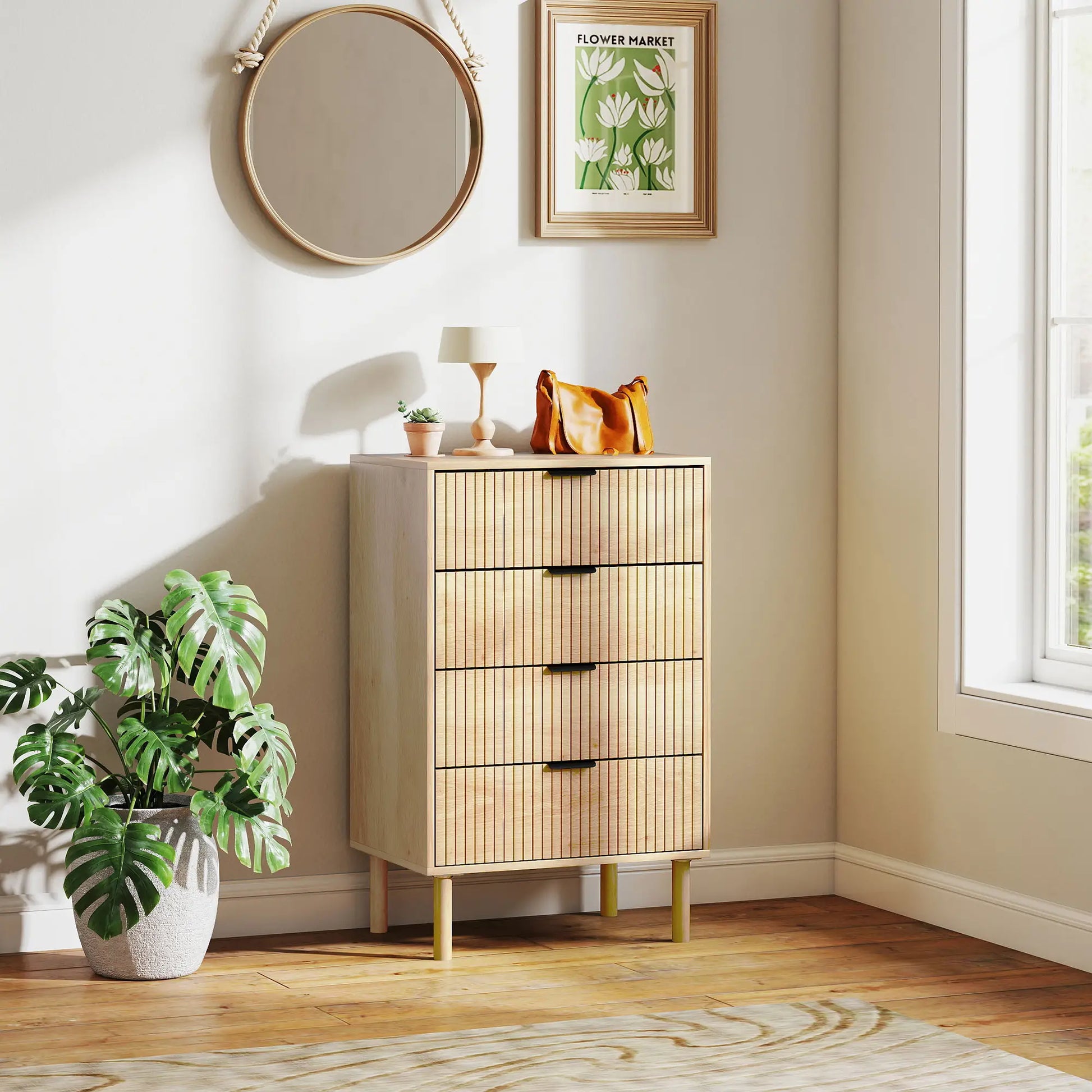 4 Drawer Dresser, Fluted Panels, Solid Wood Legs, Oak Storage Cabinets at Gallery Canada