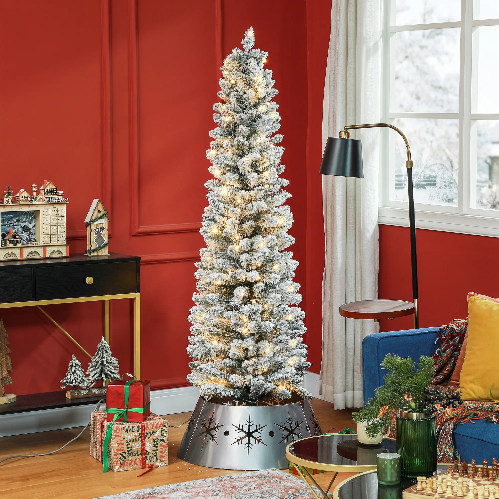 6ft Prelit Snow Flocked Christmas Tree, Metal Base, Warm White LED Pre Lit Christmas Trees at Gallery Canada