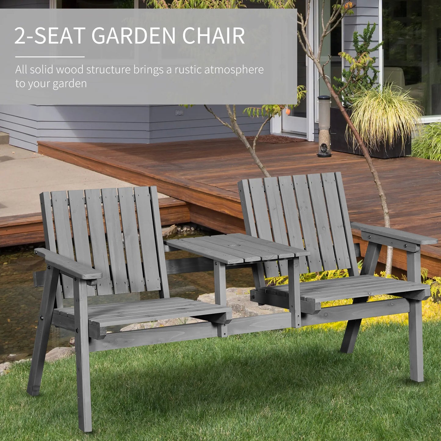 2-Seater Outdoor Bench with Table, Wooden Garden Bench, Grey Outdoor Benches at Gallery Canada