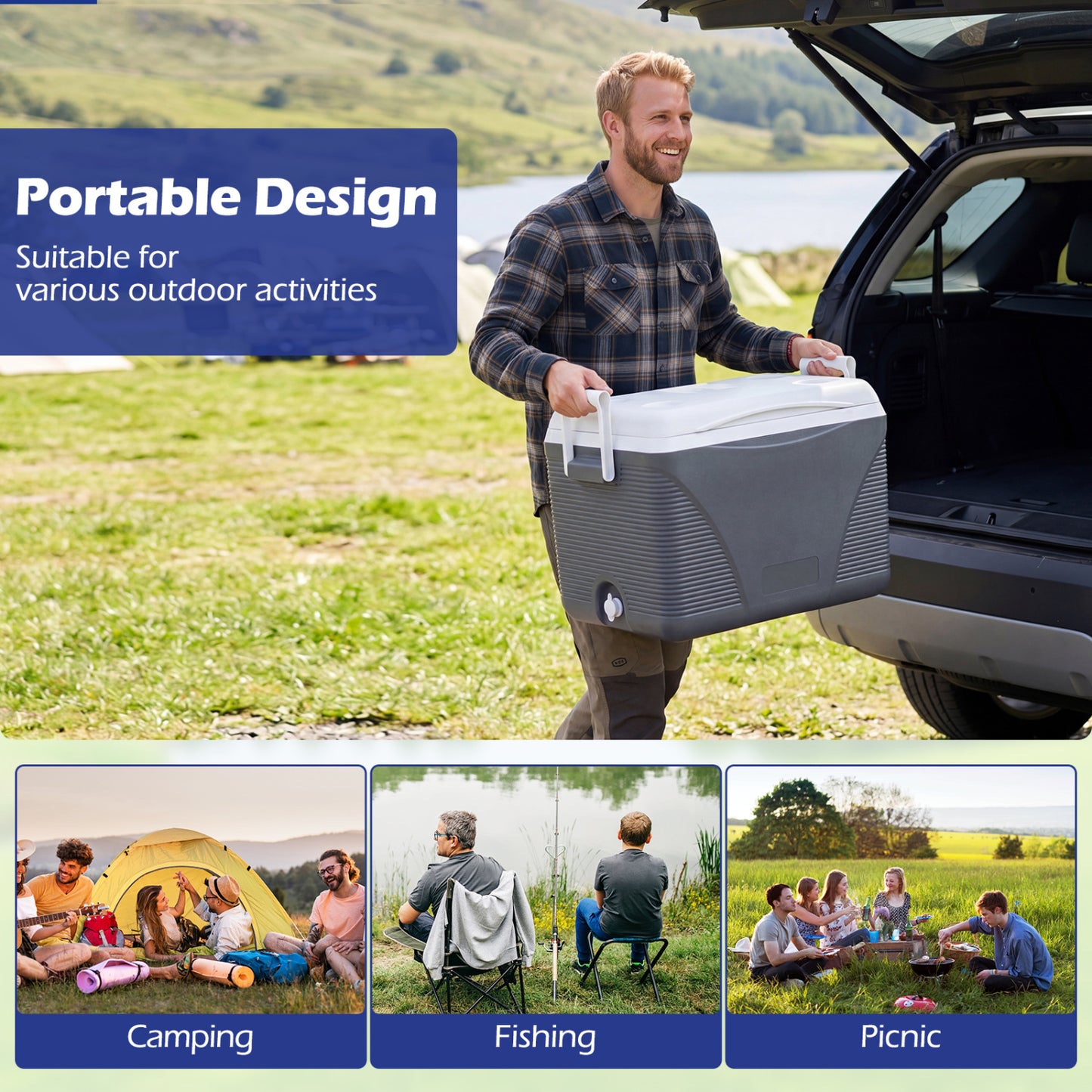 43.3 Quart Portable Hard Cooler With Handles, Black