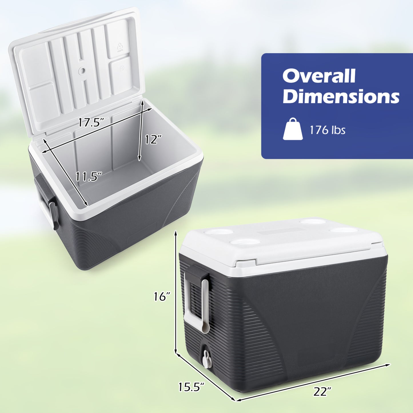 43.3 Quart Portable Hard Cooler With Handles, Black