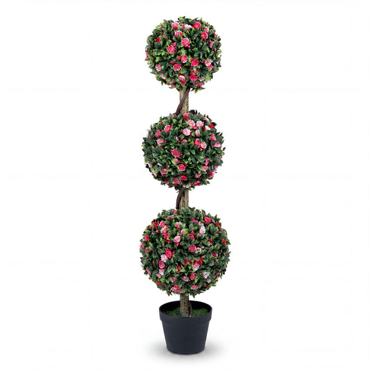 43.5" Artificial Triple Ball Rose Topiary Tree with Lifelike Blooms and Green Leaves Faux Plants Green & Pink & Black at Gallery Canada