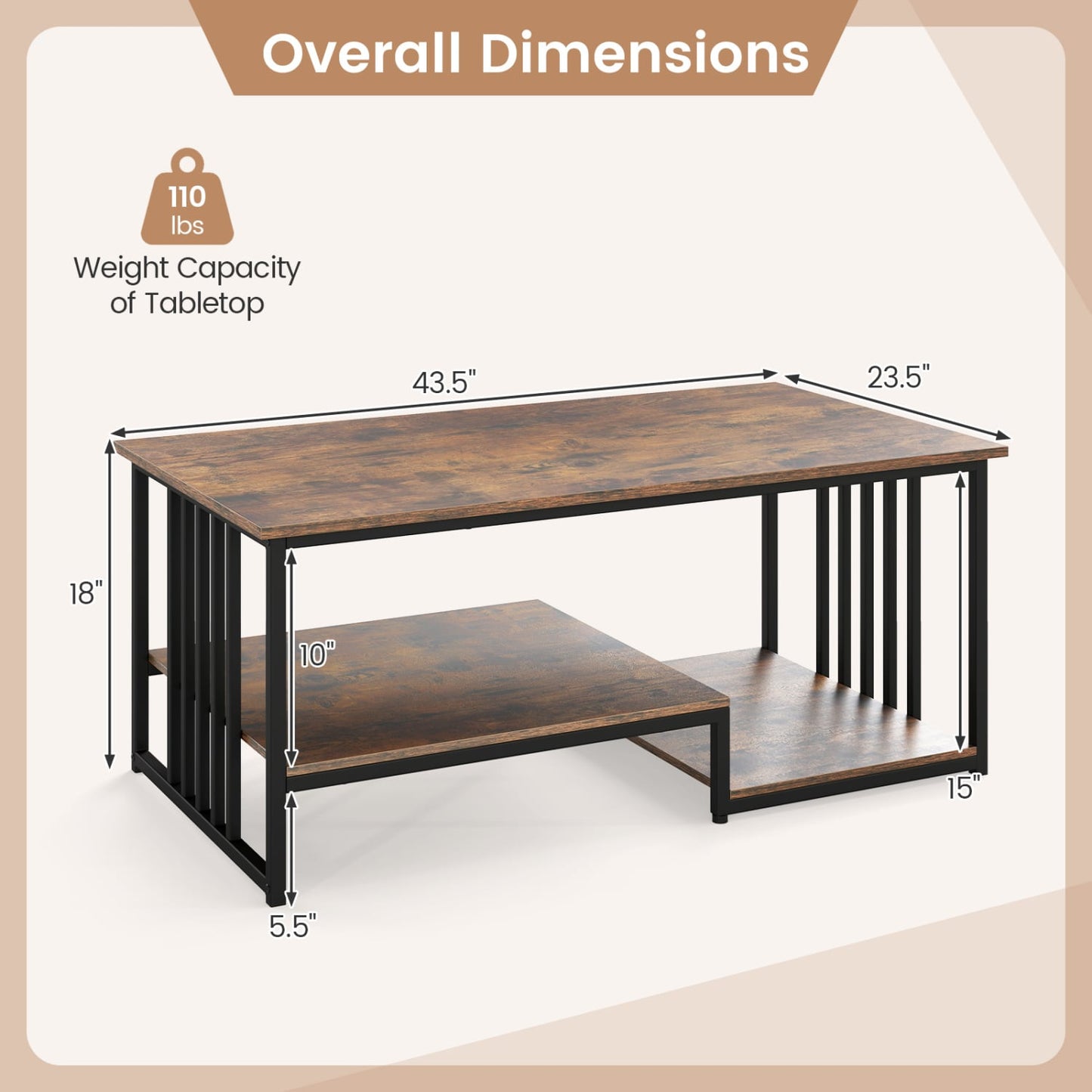43.5" Coffee Table 2-Tier Open Shelf, Rustic Brown Coffee Tables at Gallery Canada