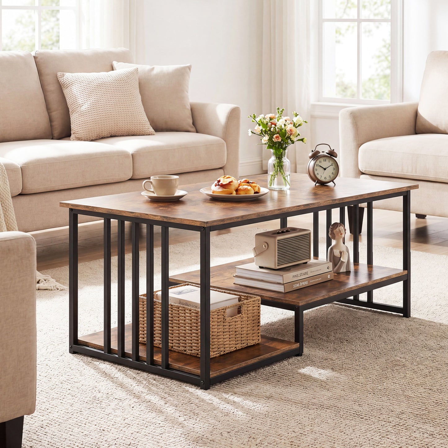 43.5" Coffee Table 2-Tier Open Shelf, Rustic Brown Coffee Tables at Gallery Canada