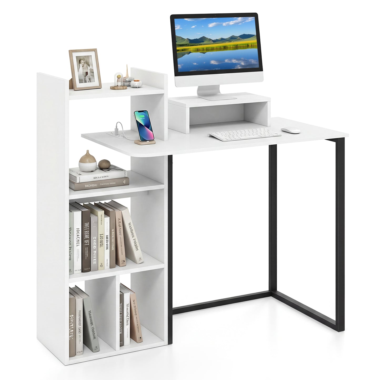43.5" Computer Desk With Charging Station, Ergonomic Monitor Stand, White Computer Desks at Gallery Canada