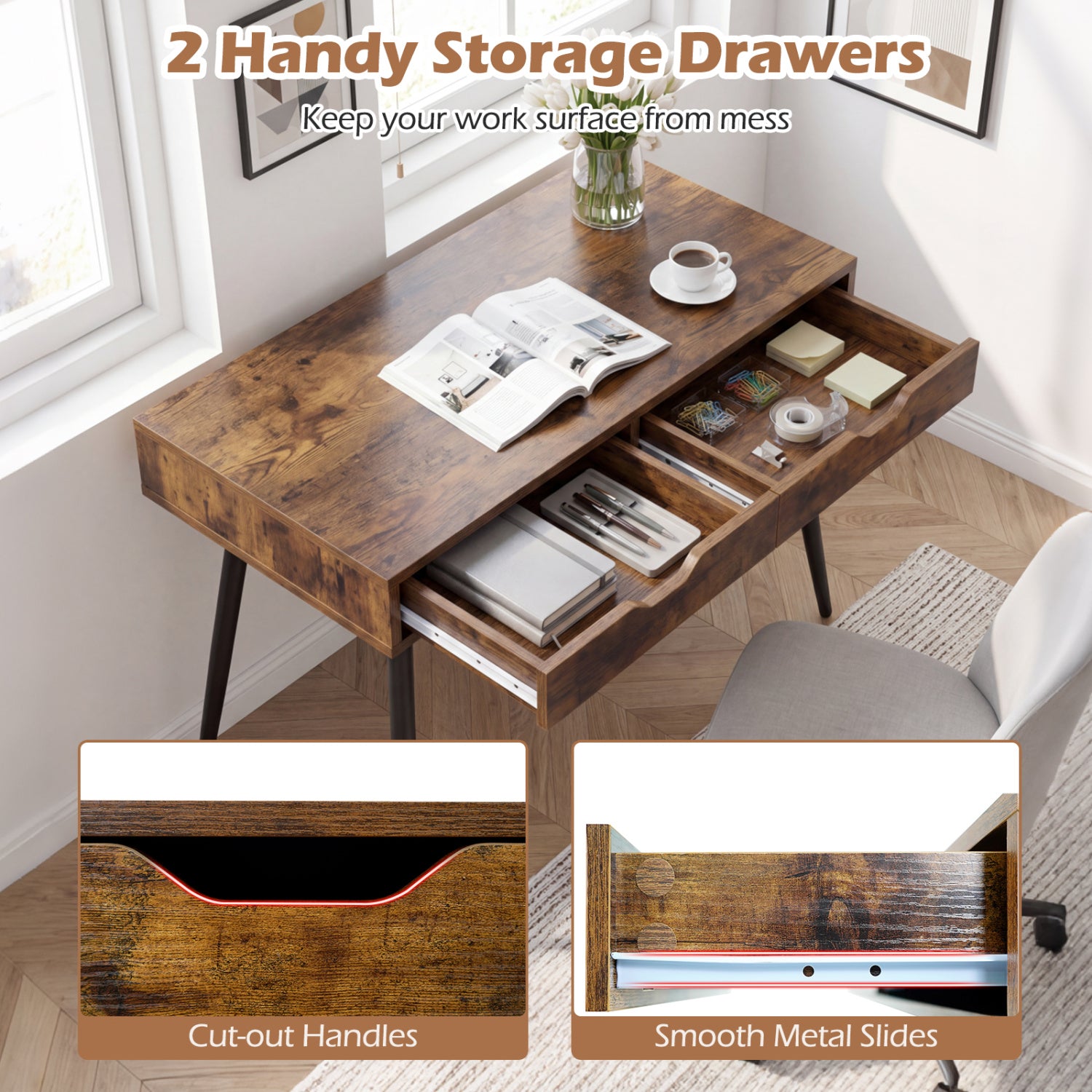 43.5 Inch Computer Desk, 2 Drawers, Walnut Computer Desks at Gallery Canada