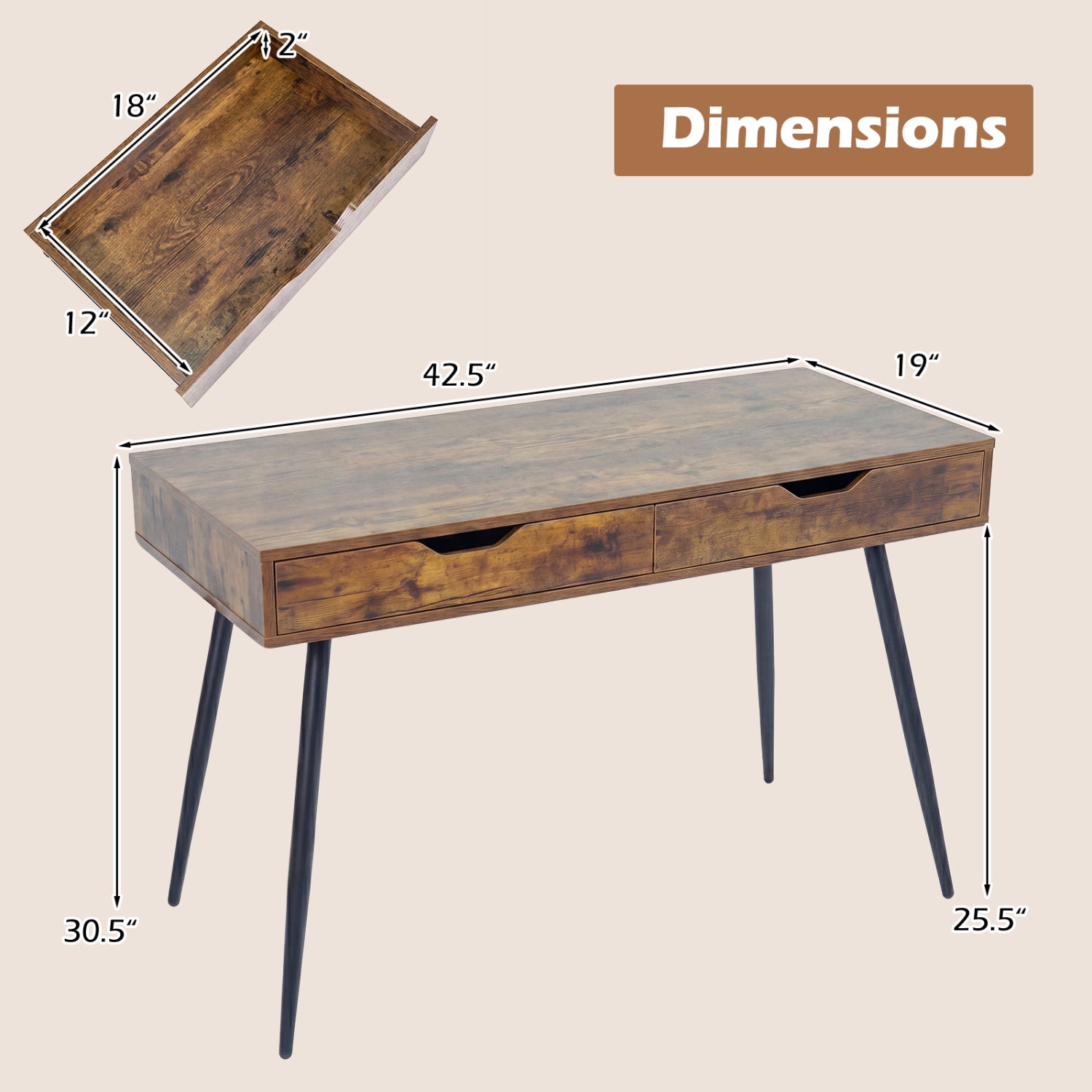 43.5 Inch Computer Desk, 2 Drawers, Walnut Computer Desks at Gallery Canada