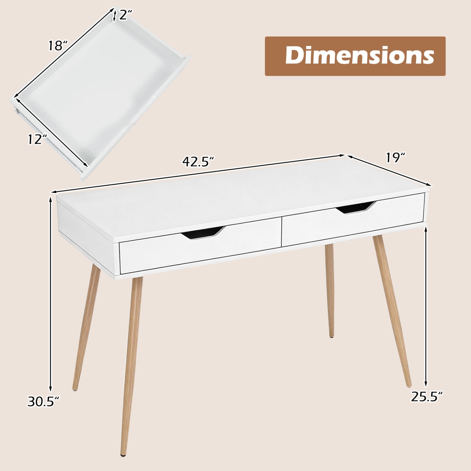 43.5 Inch Computer Desk With 2 Drawers, White Computer Desks at Gallery Canada