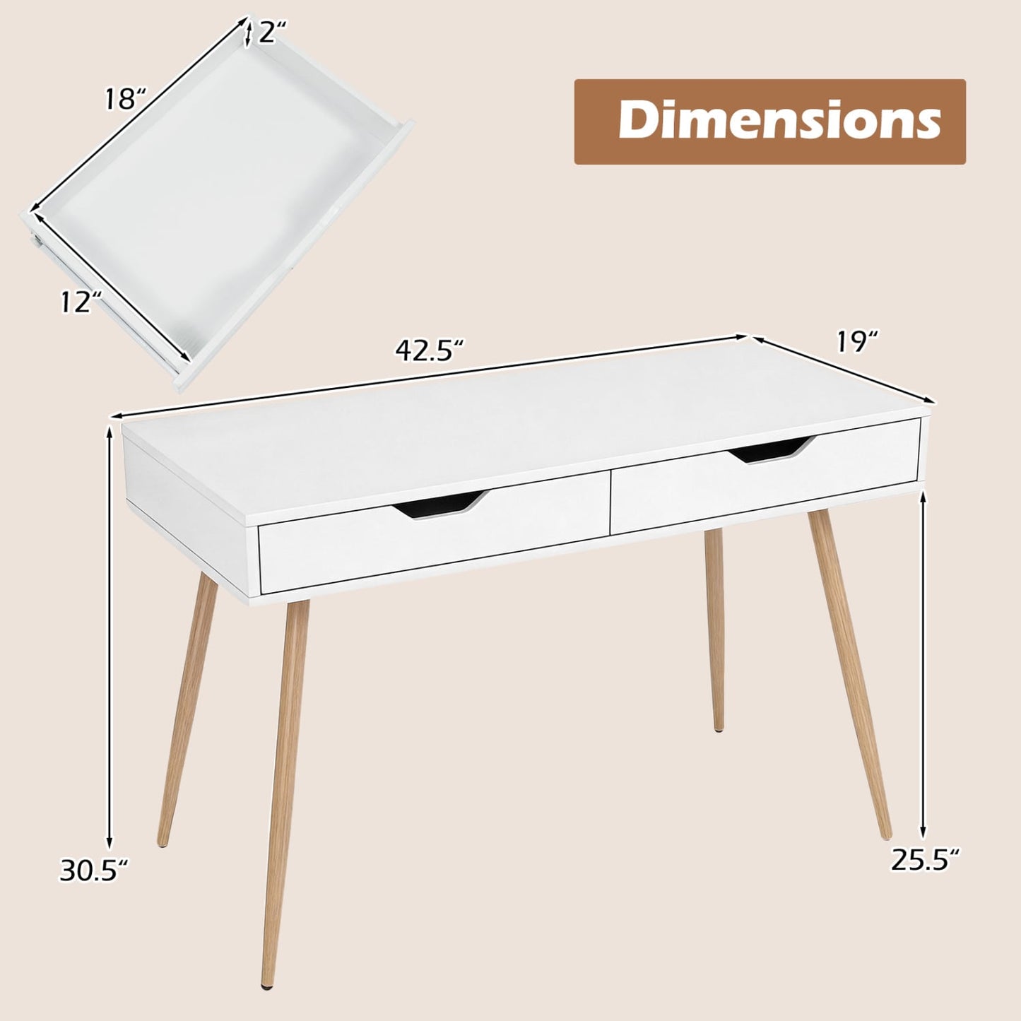 43.5 Inch Computer Desk With 2 Drawers, White Computer Desks at Gallery Canada