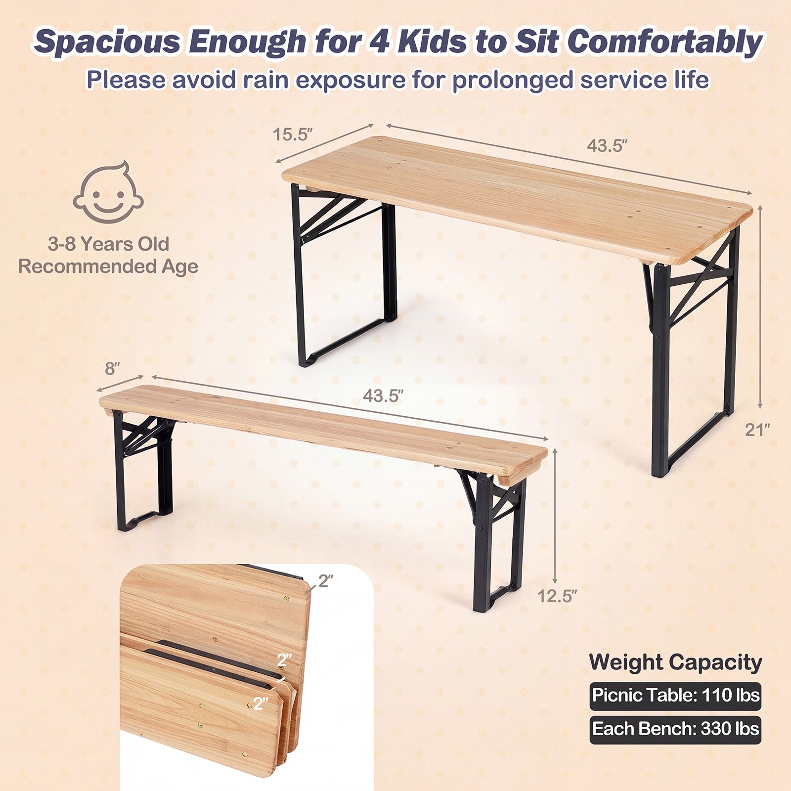 43.5 Inch Folding Kids Picnic Table And Bench Set, Black Kids Table & Chair Sets at Gallery Canada