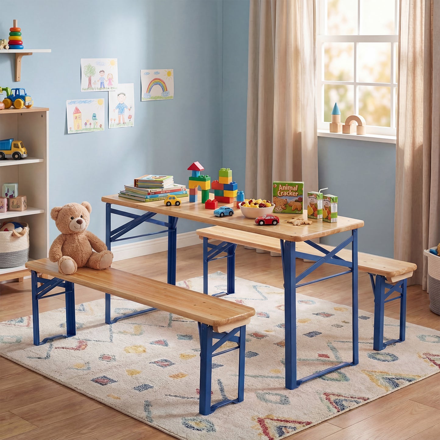 43.5 Inch Folding Kids Picnic Table, Bench Set, Wooden Toddler Table, Navy Kids Table & Chair Sets at Gallery Canada