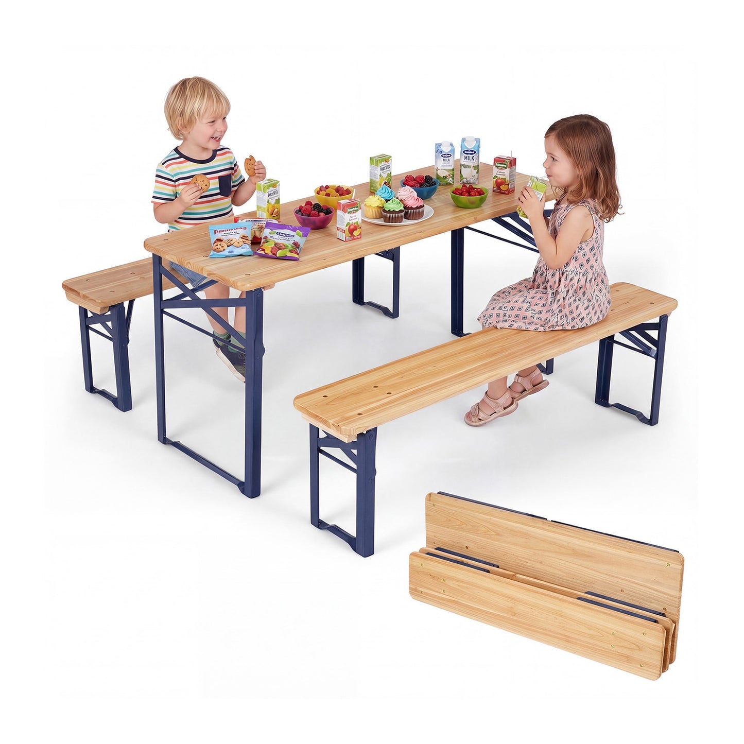 43.5 Inch Folding Kids Picnic Table, Bench Set, Wooden Toddler Table, Navy Kids Table & Chair Sets at Gallery Canada