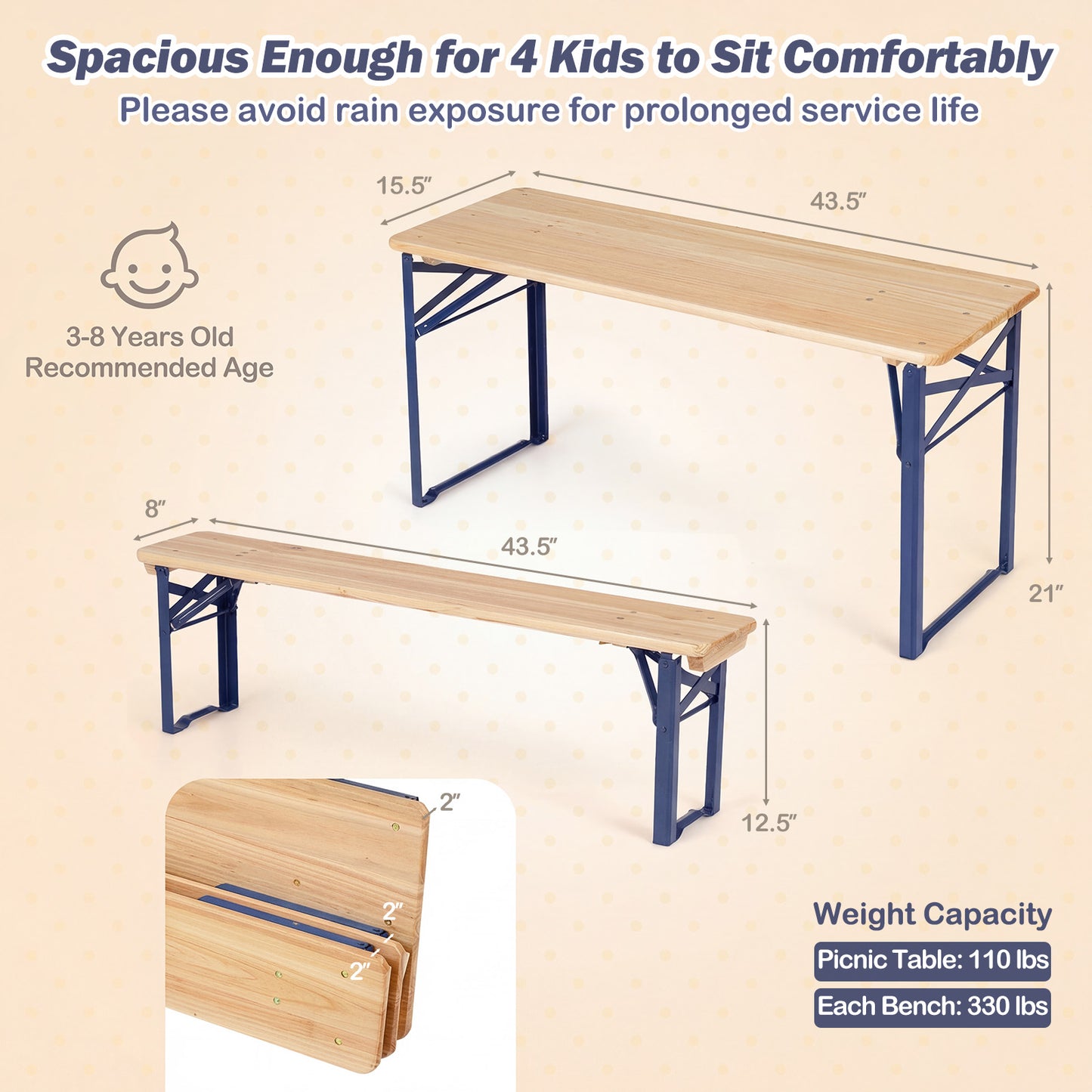 43.5 Inch Folding Kids Picnic Table, Bench Set, Wooden Toddler Table, Navy Kids Table & Chair Sets at Gallery Canada
