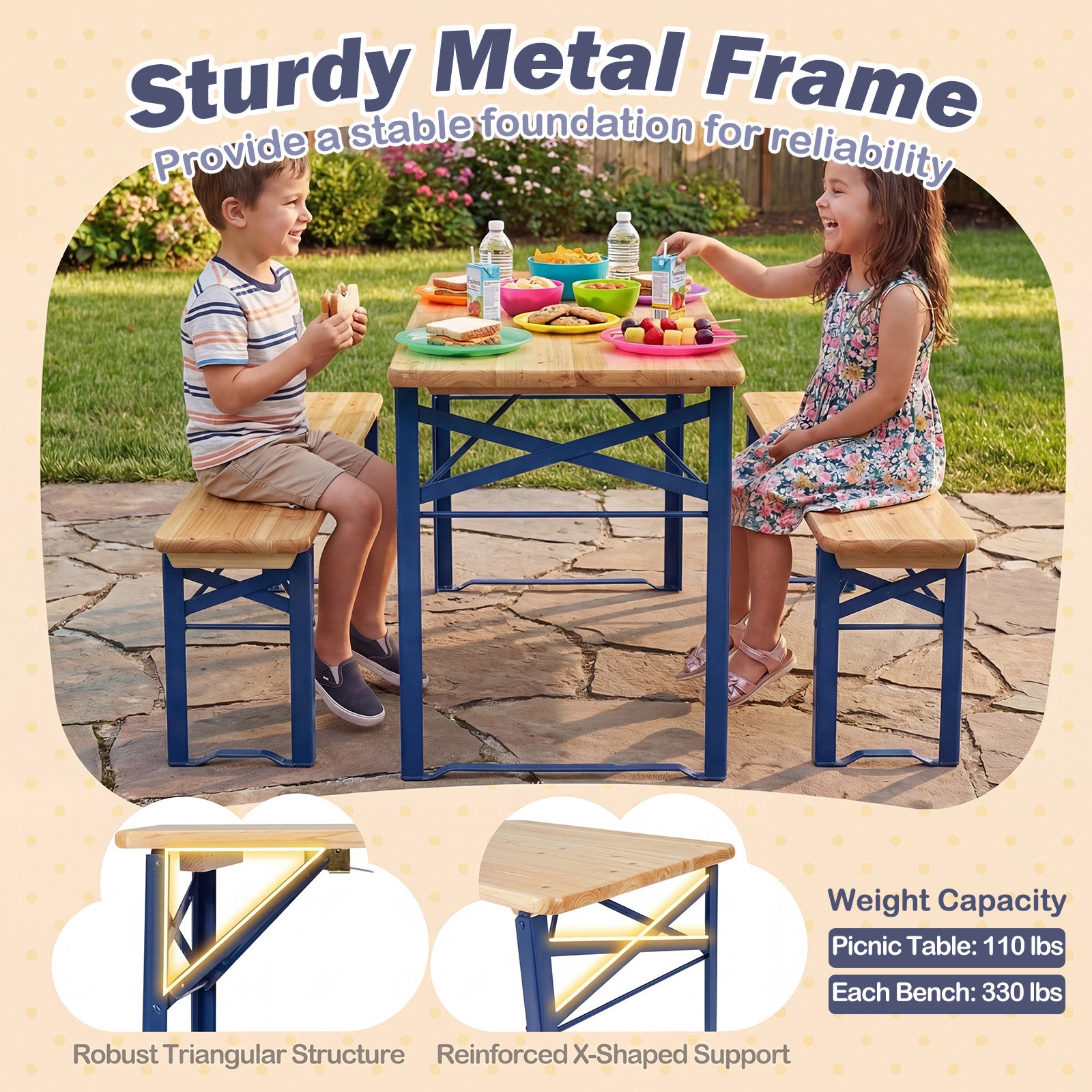 43.5 Inch Folding Kids Picnic Table, Bench Set, Wooden Toddler Table, Navy Kids Table & Chair Sets at Gallery Canada