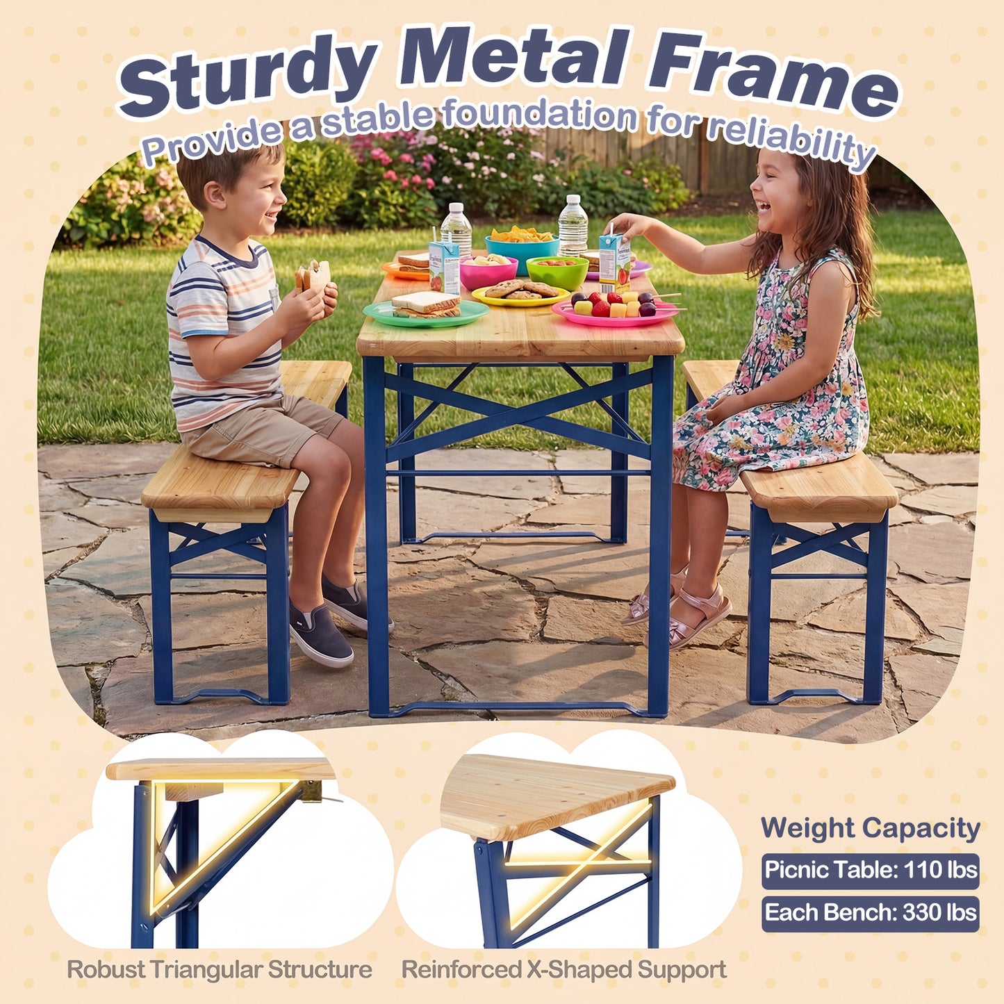 43.5 Inch Folding Kids Picnic Table, Bench Set, Wooden Toddler Table, Navy Kids Table & Chair Sets at Gallery Canada