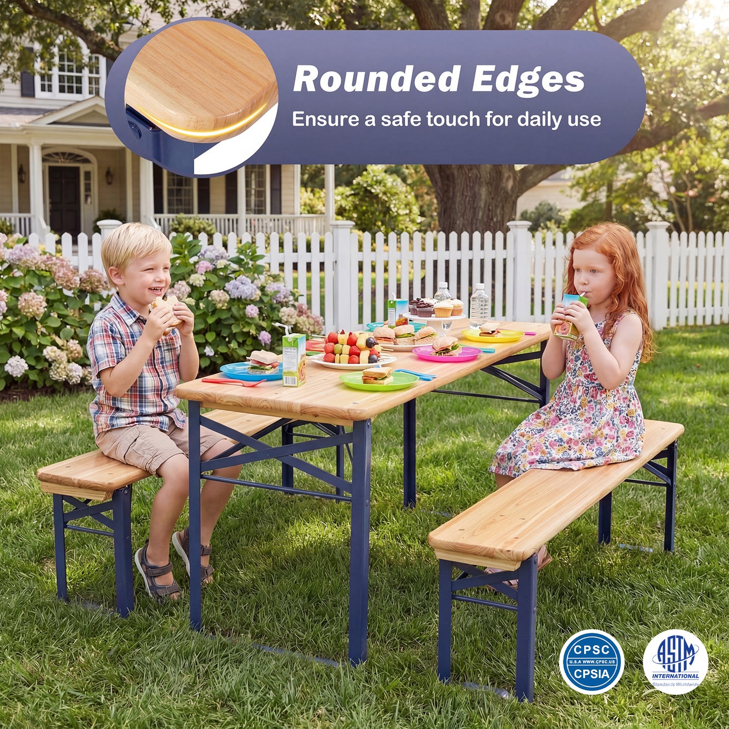 43.5 Inch Folding Kids Picnic Table, Bench Set, Wooden Toddler Table, Navy Kids Table & Chair Sets at Gallery Canada