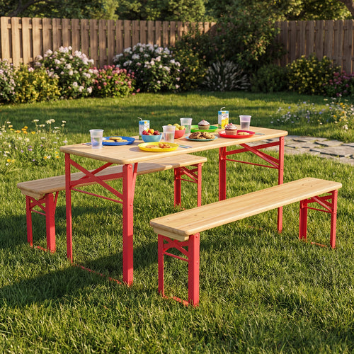 43.5 Inch Folding Kids Picnic Table, Bench Set, Wooden Toddler Table, Red