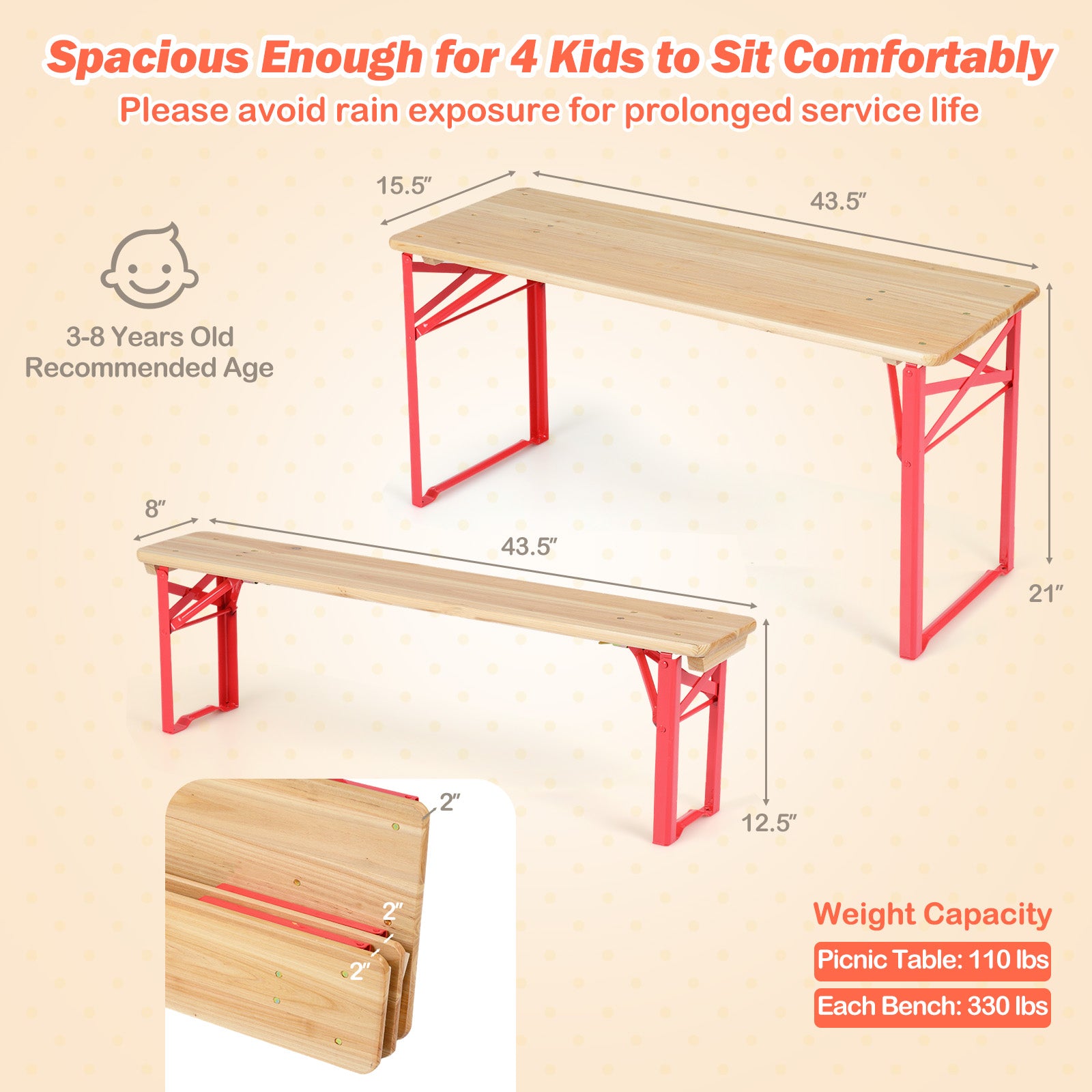 43.5 Inch Folding Kids Picnic Table, Bench Set, Wooden Toddler Table, Red Kids Table & Chair Sets at Gallery Canada
