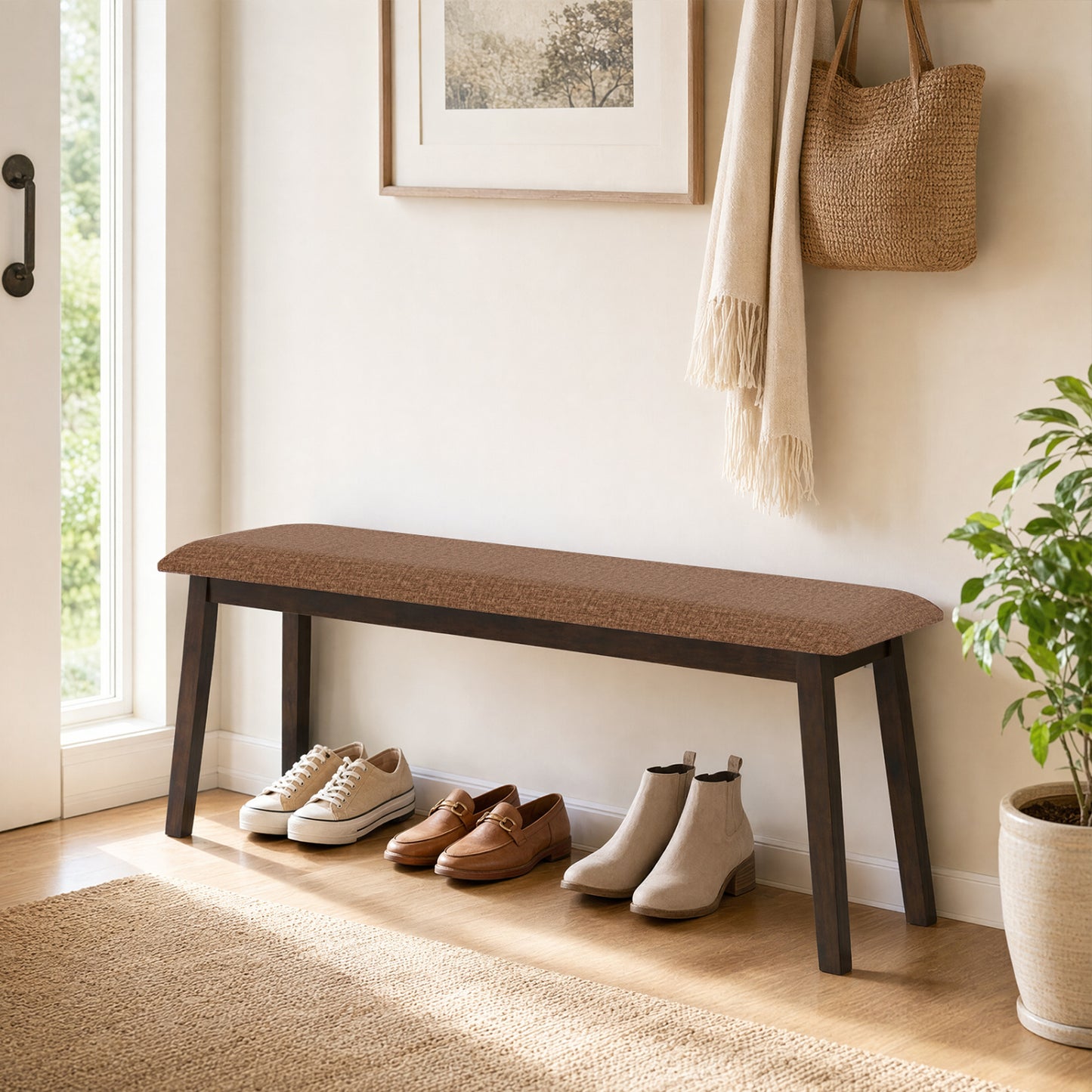43.5 Inch Upholstered Entryway Bench, Rubber Wood Frame, Brown