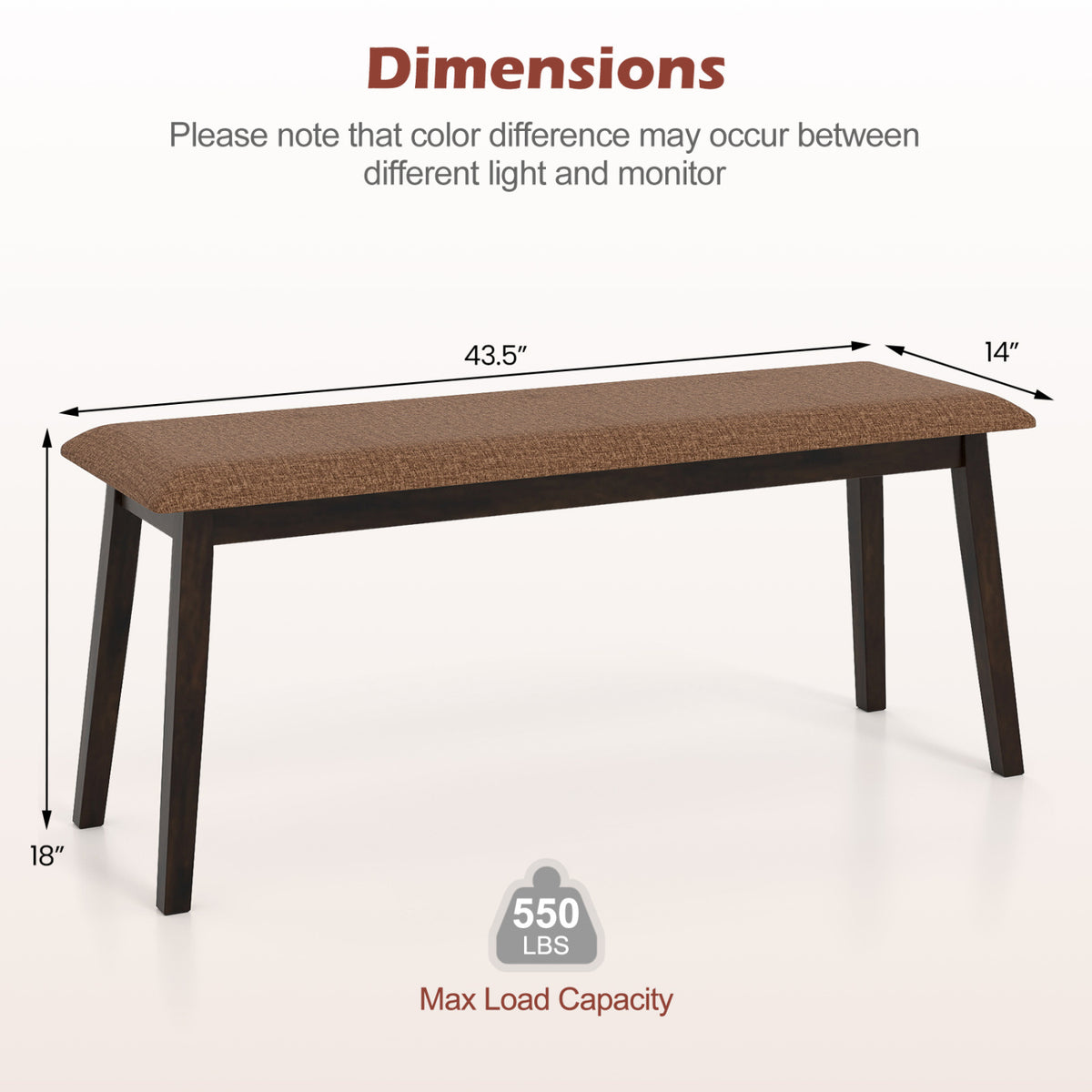 43.5 Inch Upholstered Entryway Bench, Rubber Wood Frame, Brown