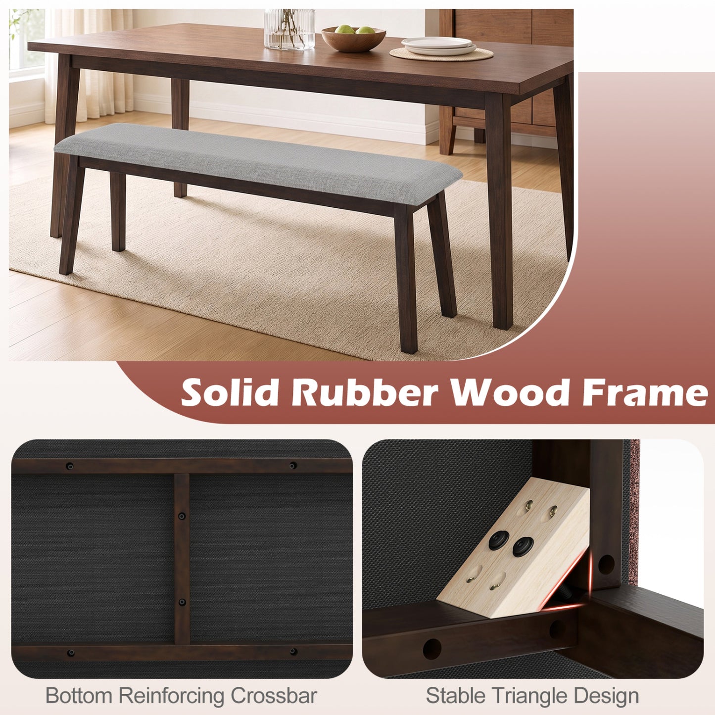 43.5 Inch Upholstered Entryway Bench, Rubber Wood Frame, Gray