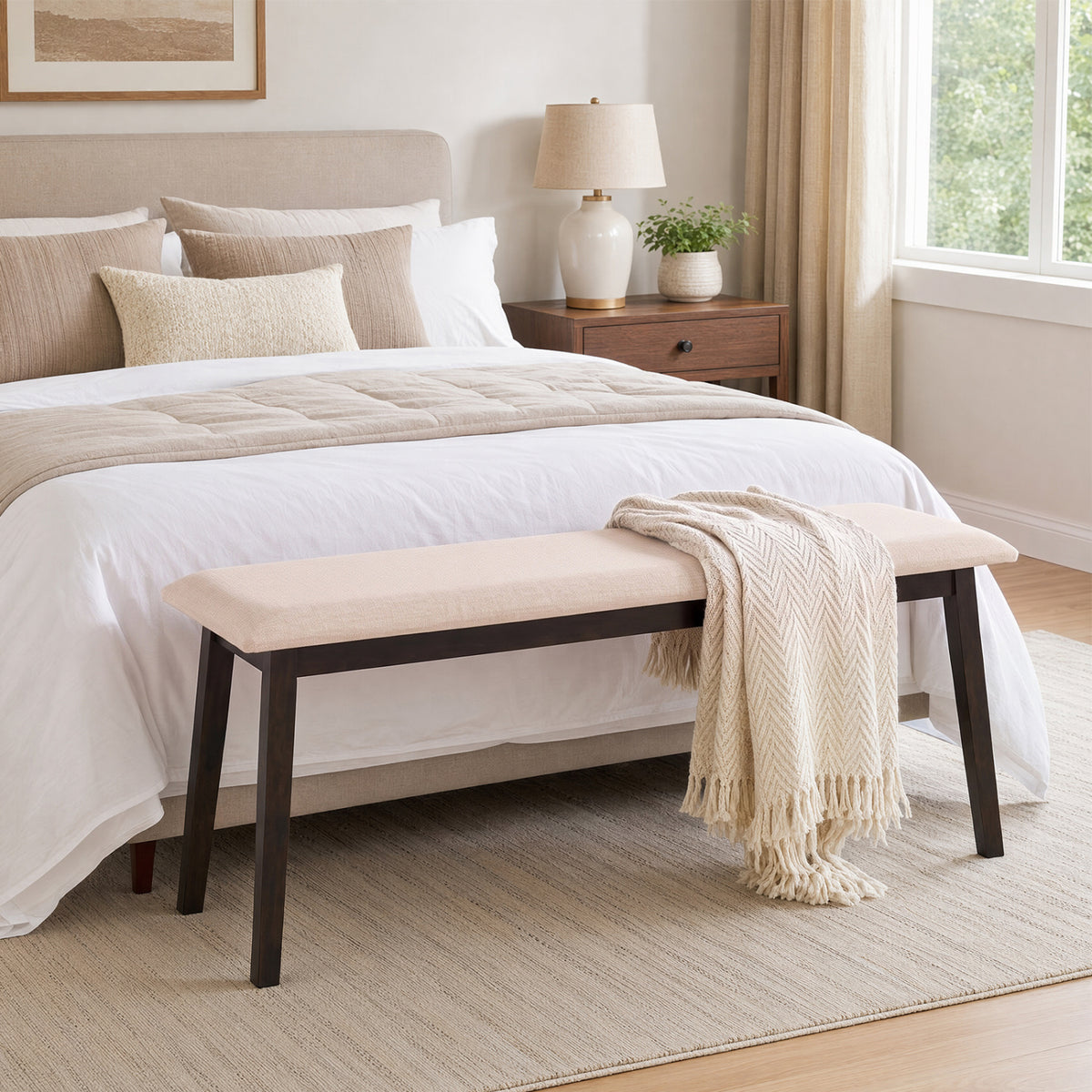 43.5 Inch Upholstered Entryway Bench, Beige