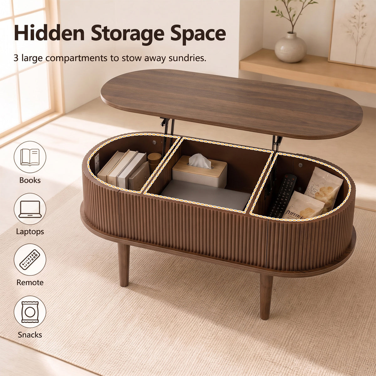 43.5" Oval Lift Top Coffee Table, Storage, Fluted, Walnut