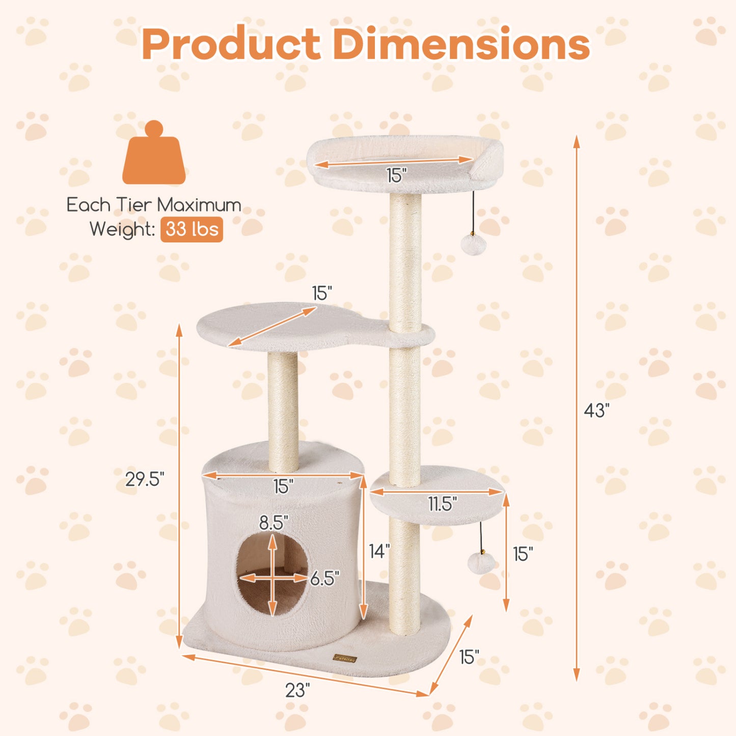 43" Cat Tree for Indoor Cats with Comfy Plush Perches and Sisal Scratching Posts, Beige Cat Trees Condos & Scratchers at Gallery Canada