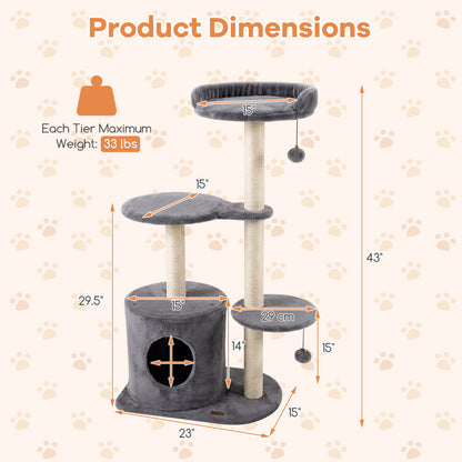 43" Cat Tree for Indoor Cats with Comfy Plush Perches and Sisal Scratching Posts, Gray Cat Trees Condos & Scratchers at Gallery Canada
