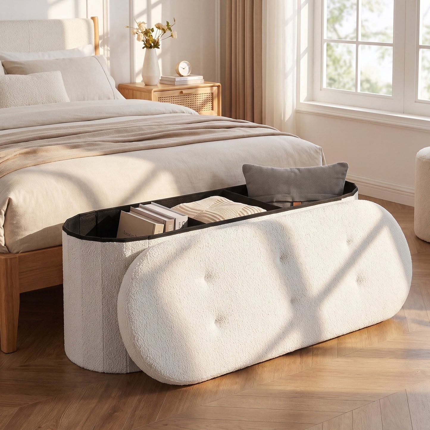 Pouf coffre de rangement Teddy pliable, 43", Beige