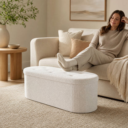 Pouf coffre de rangement Teddy pliable, 43", Beige