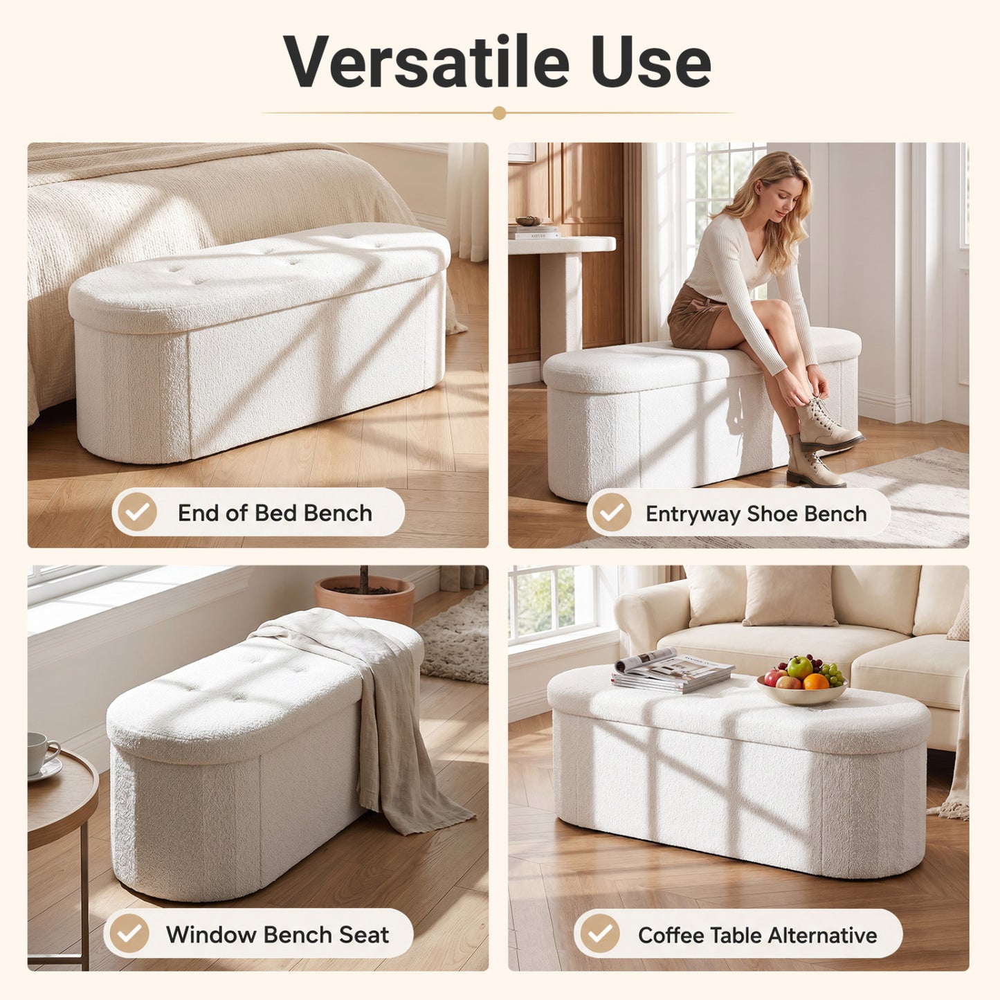 Pouf coffre de rangement Teddy pliable, 43", Beige